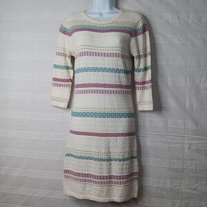 Under Skies Lightweight Sweater Shift Dress 3/4 Sleeve Cream w/ Green Red Size 8